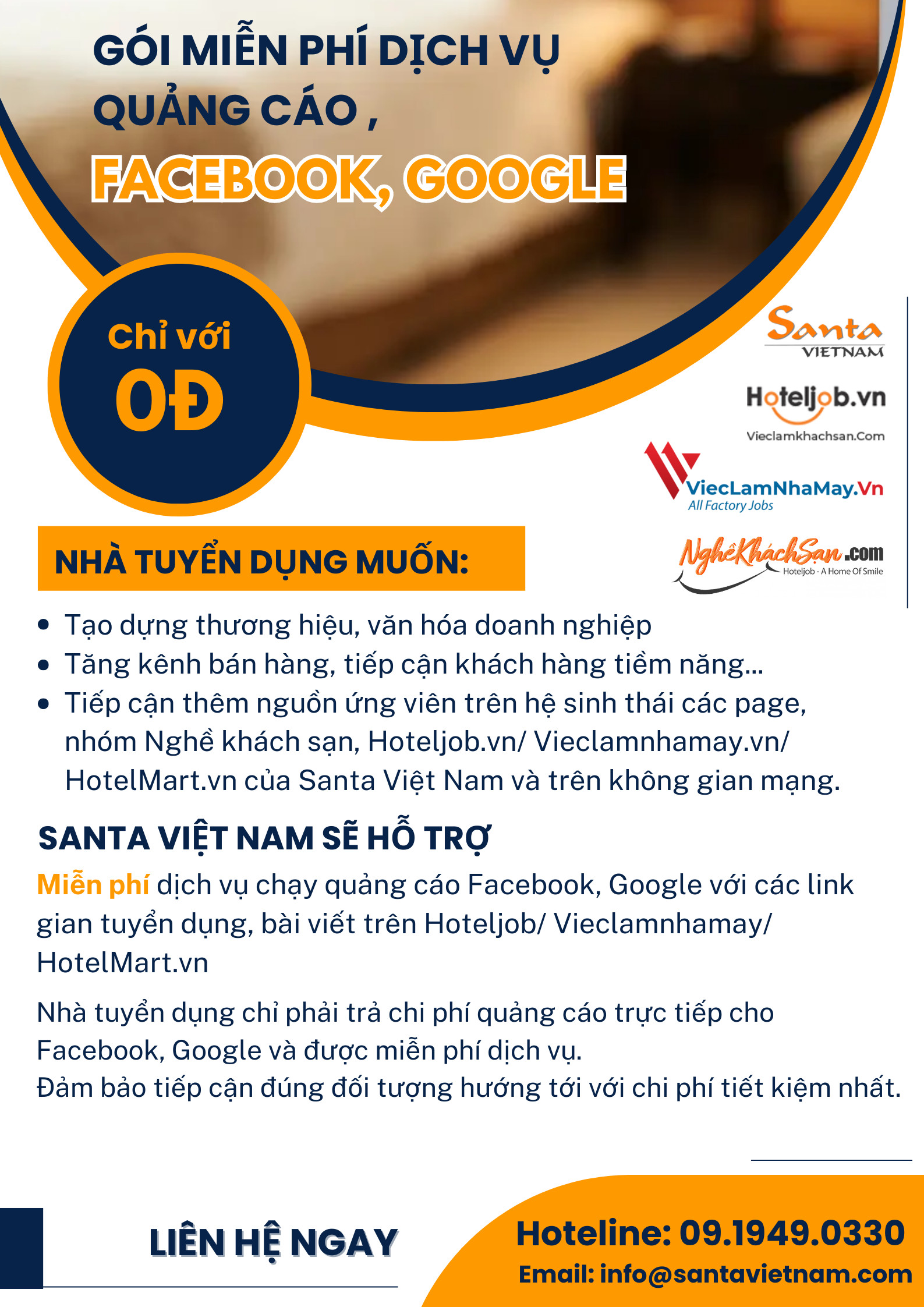 gói miễn phí dịch vụ quảng cáo facebook, google của hoteljob