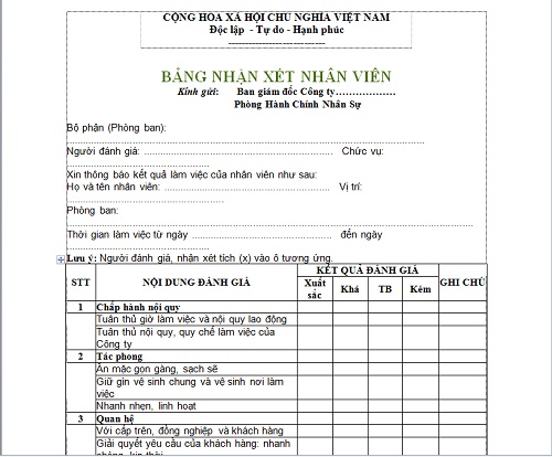 mẫu bảng đánh giá nhân viên Trang Chủ Cổng Game Cá Cược Uy Tín E2 BET