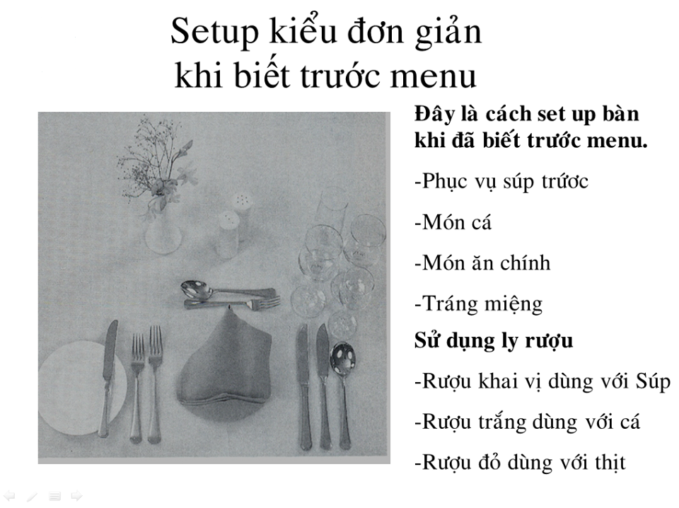 quy trình điều chỉnh bộ dụng cụ ăn theo từng món