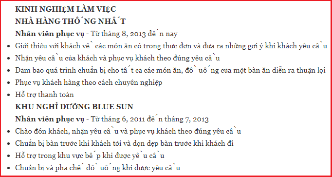 viết gì tại phần kinh nghiệm Tải app E2BET ngay hôm nay trong cv khi tìm việc phục vụ nhà hàng